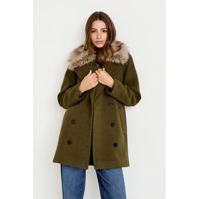 Manteau droit mi-long col tailleur vert kaki <span itemprop=