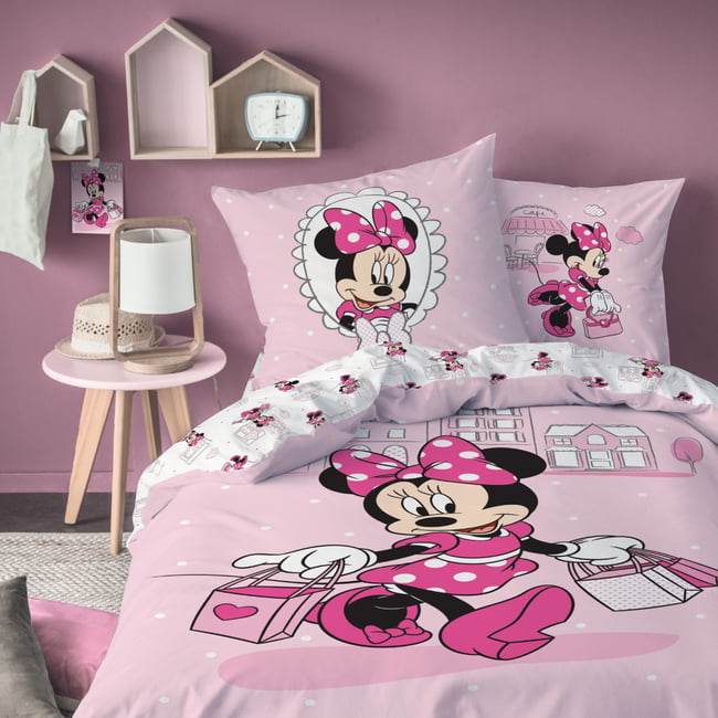 Housse de couette + taie coton Minnie Shopping imprimé rose <span itemprop=