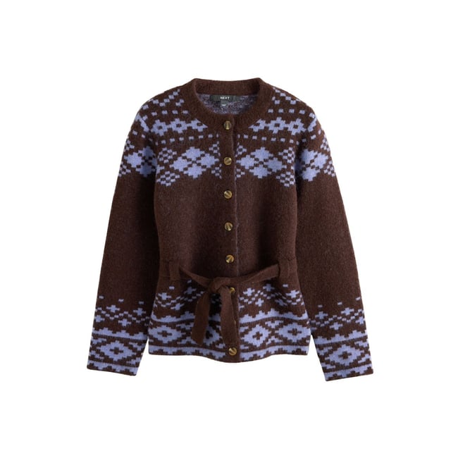 Cardigan boutonné avec ceinture motif fair isle marron chocolat/violet <span itemprop=