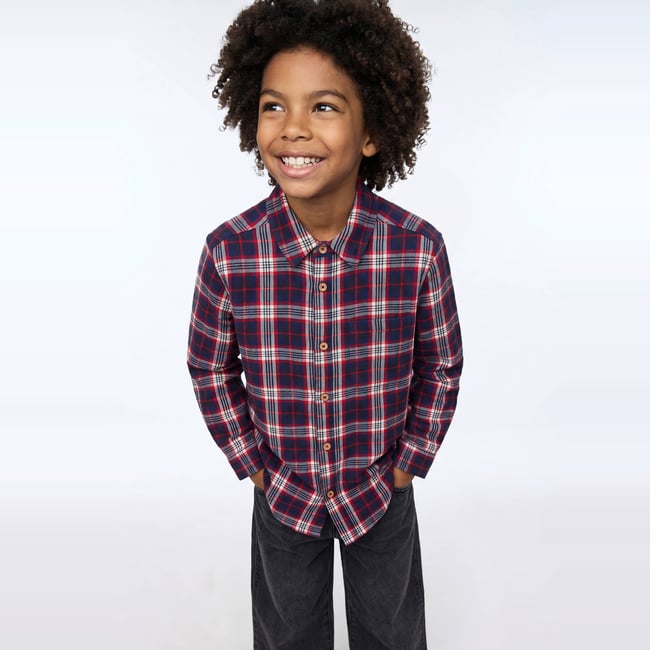 Chemise à carreaux en flanelle de coton BIO GOTS ombre bleue <span itemprop=