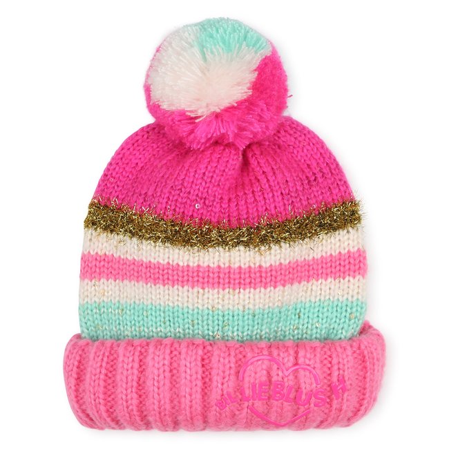 Bonnet rayé à pompon rose flash <span itemprop=