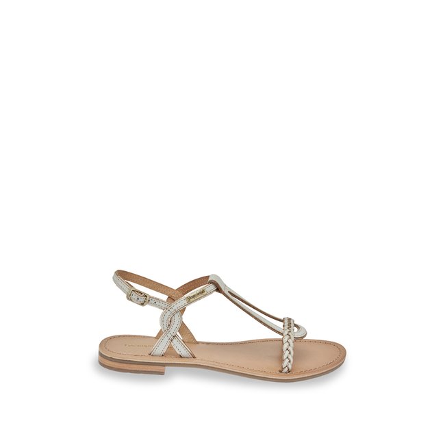 Sandales plates à bride tressée en cuir HAPPY crème <span itemprop=