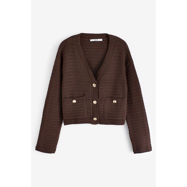 Cardigan avec poches et boutons dorés marron chocolat <span itemprop=