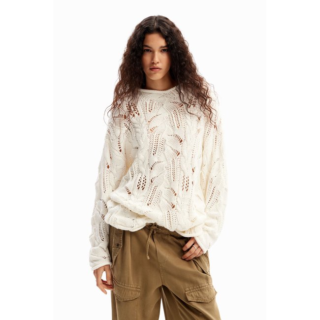 Pull oversize motif ajouré blanc <span itemprop=