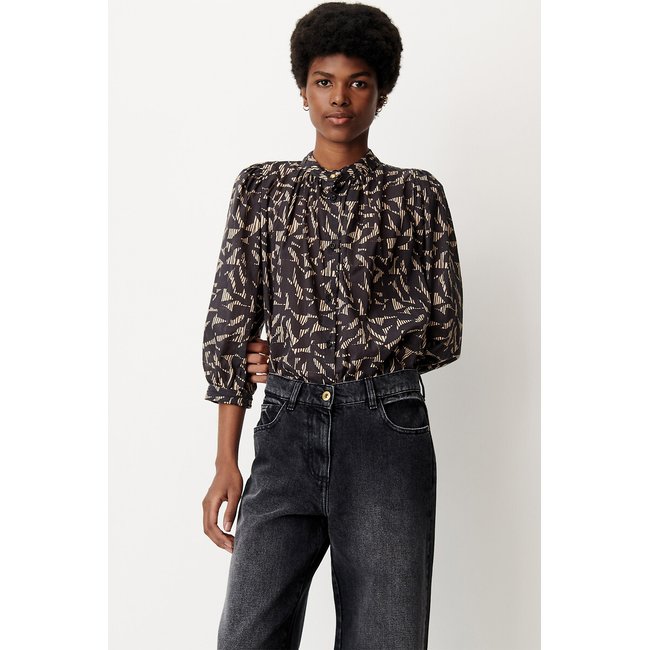 Blouse imprimée col rond manches 3/4, LYLIS imprimé noir/écru <span itemprop=
