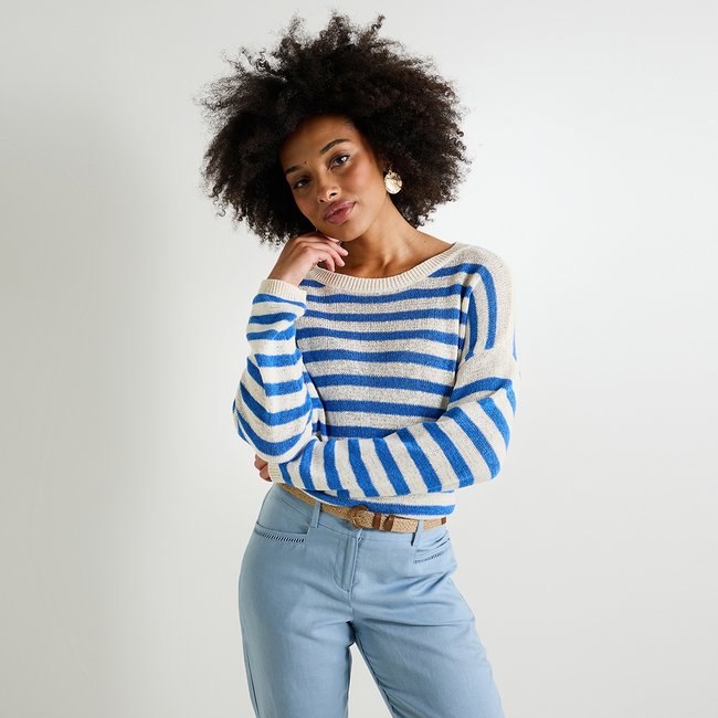 Pull col rond multicolore rayure <span itemprop=