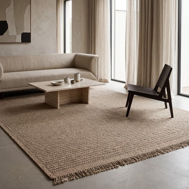 Tapis en jute artisanal à franges   JUTE NATUREL - style bohème Couleur beige <span itemprop=