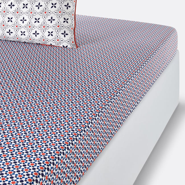 Drap-housse pur coton, Zehia blanc/bleu/orange <span itemprop=