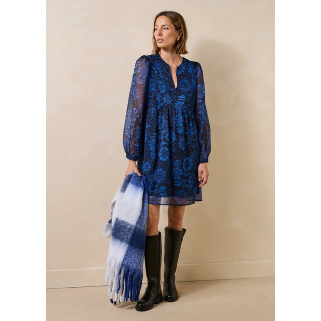 Robe courte à imprimé fleuri manches longues bleu <span itemprop=