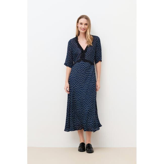 Robe longue cintrée col v RUMBA bleu marine <span itemprop=