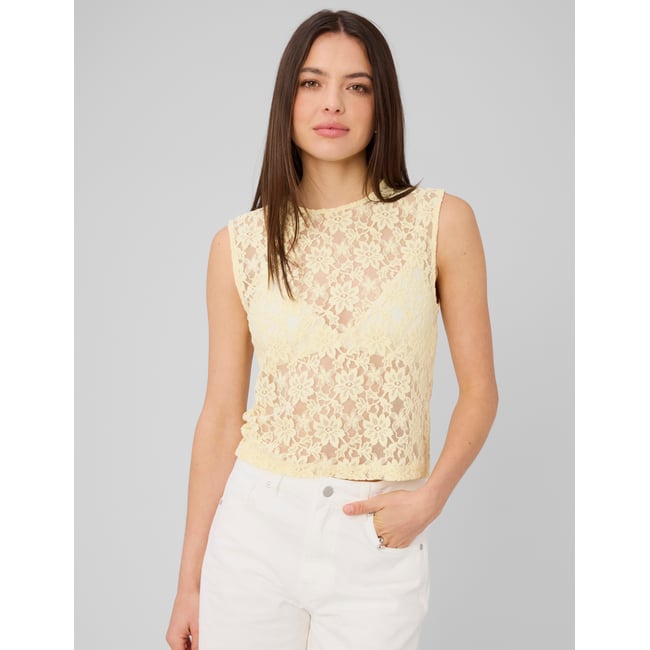Top sans manches en dentelle jaune pastel <span itemprop=