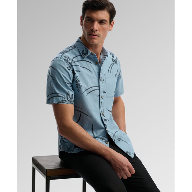 Chemise à manches courtes Vintage Loom bleu hawaïen délavé moyen <span itemprop=