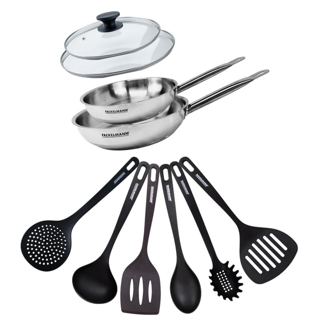 Set de 2 poêles de 20 et , 2 couvercles en verre ETERNA transparent|noir|inox <span itemprop=