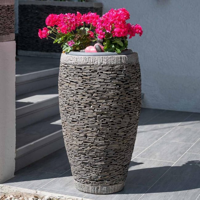 Pot bac jardinière pierre naturelle ardoise ovale forme œuf 80cm gris <span itemprop=