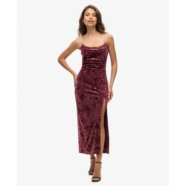Robe longue en velours à strass bordeaux crush <span itemprop=