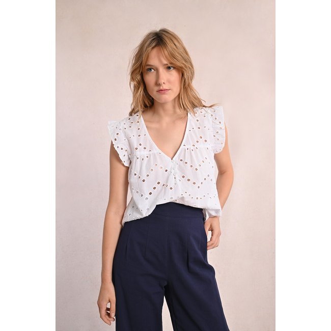 Short Sleeve Embroidered Blouse with V-Neck - MOLLY BRACKEN