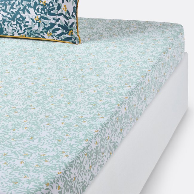 Drap housse percale de coton, Foliage imprimé bleu grisé <span itemprop=
