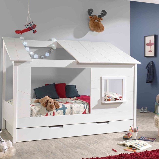 Lit cabane avec toit, fenêtre, tiroir de lit Couleur blanc <span itemprop=