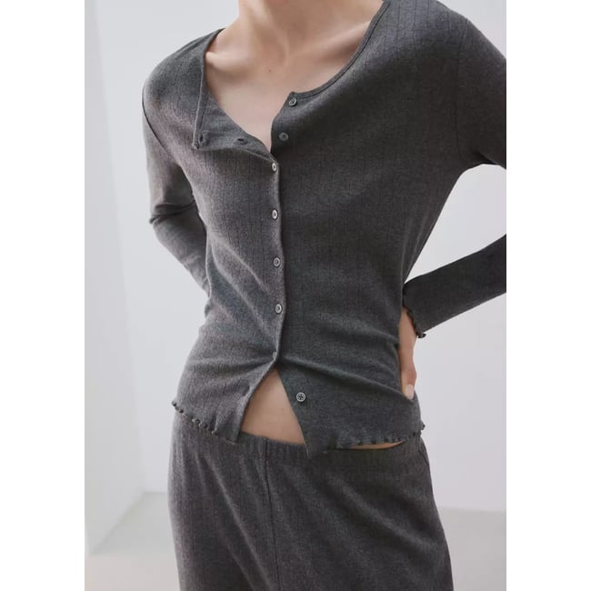 Cardigan de pyjama en coton ajouré gris <span itemprop=