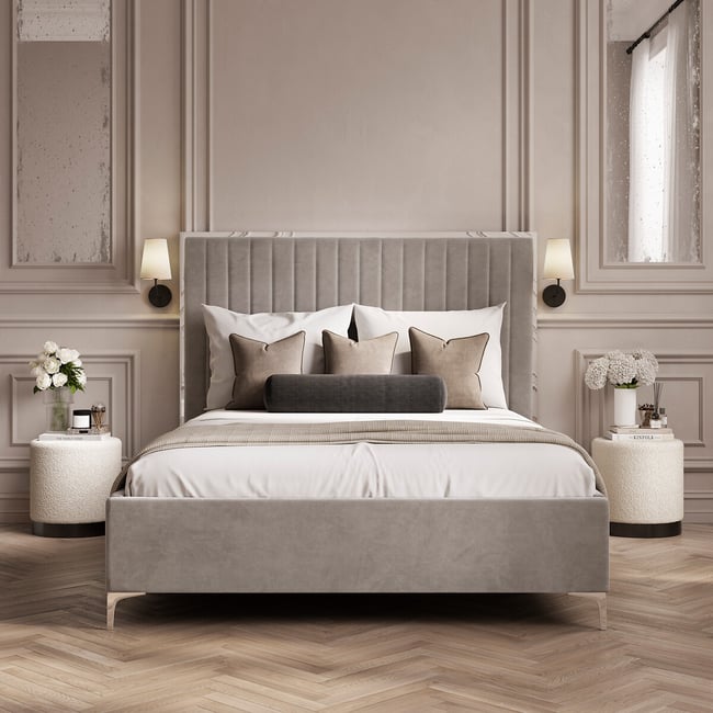 Bromley Velvet Tall Headboard Bed with Metal Trim, mink grey, ÉDITÉ