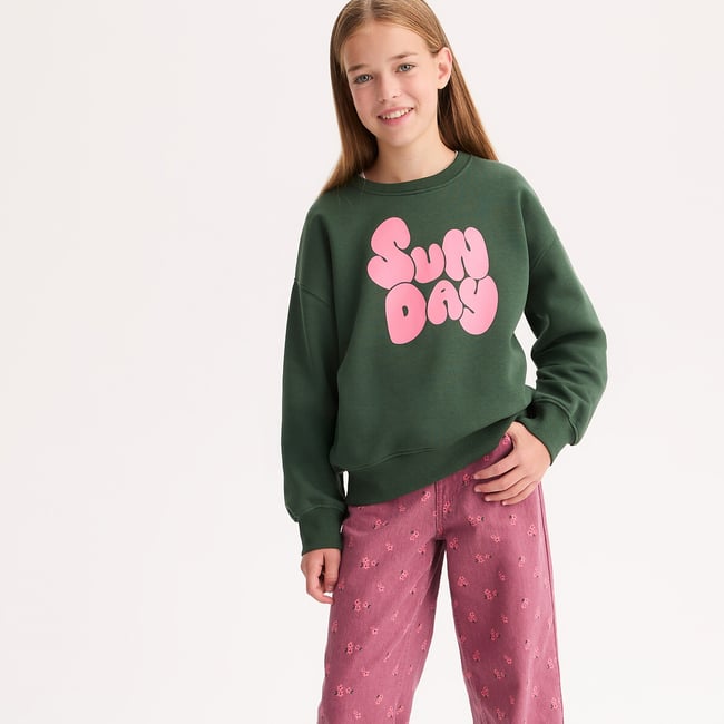 Sweat col rond, message imprimé devant, en molleton vert <span itemprop=