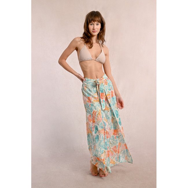Pantalon fluide, imprimé animalier turquoise <span itemprop=
