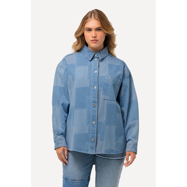 Chemisier en jean esprit patchwork bleu clair <span itemprop=