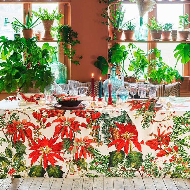 Nappe pur coton antitache POINSETTIAS vintage <span itemprop=