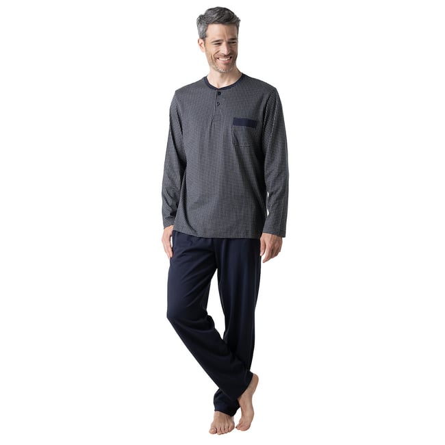 Pyjama aec poche poitrine, col tunisien bleu marine/vert <span itemprop=