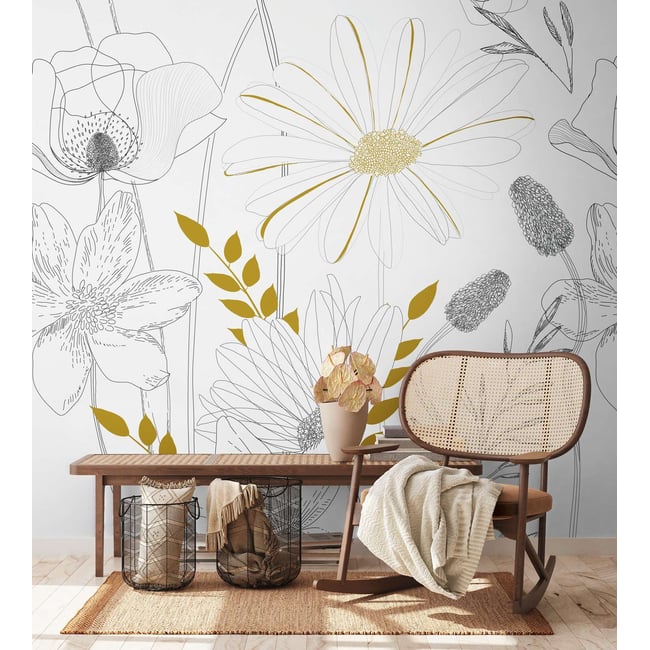 Papier peint esprit floral Couleur blanc <span itemprop=