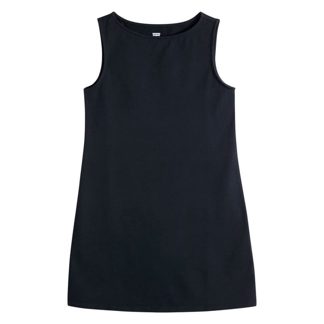 Robe courte en coton mélangé noire uni avec une coupe droite et un col rond noir <span itemprop=