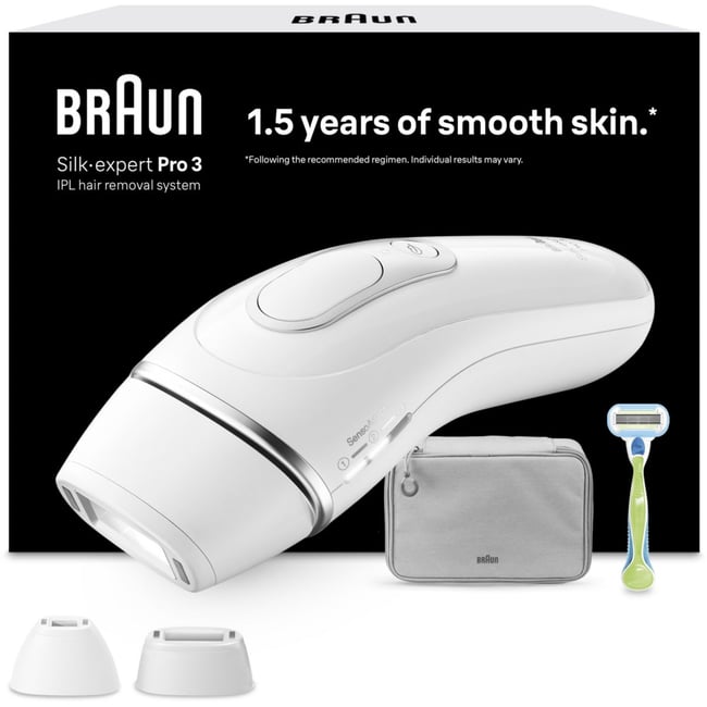 Epilateur lumière pulsée IPL PL3122 Silk-expert pro 3, 2 têtes, 1 rasoir Gillette Venus, pochette blanc <span itemprop=