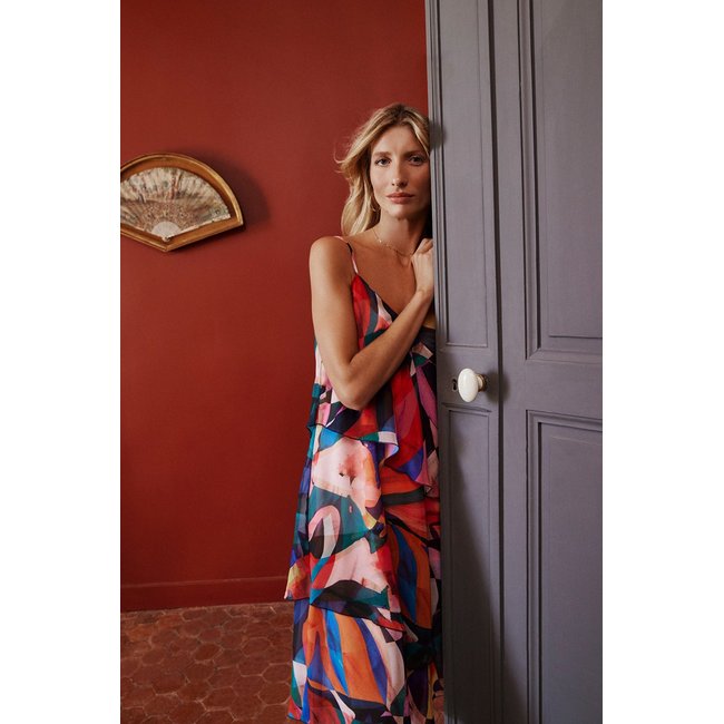Robe asymétrique à imprimé multicolore <span itemprop=