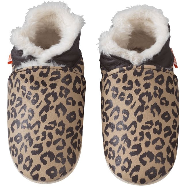 Chaussons cuir souple fourrés Elie les léopards marron <span itemprop=