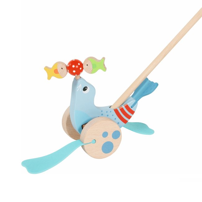 Otarie à pousser en bois bleu <span itemprop=