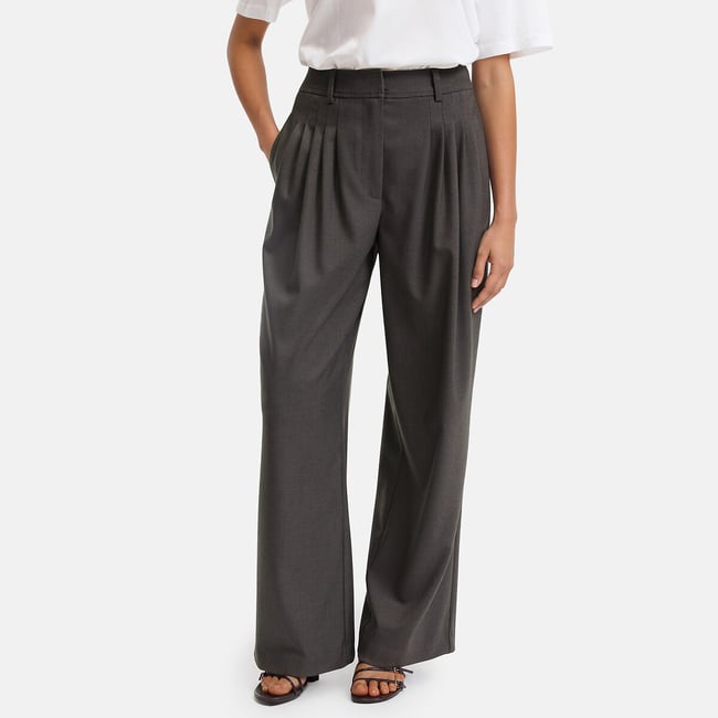 Pantalon large à pinces gris chiné <span itemprop=