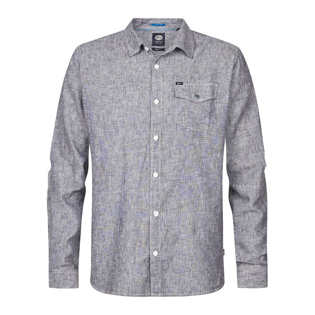 Camisa de lino y algodón de corte recto azul jaspeado <span itemprop=