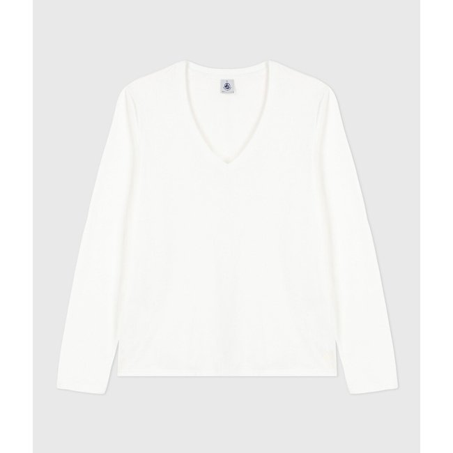 Camisola direita, mangas compridas, decote em V branco <span itemprop=