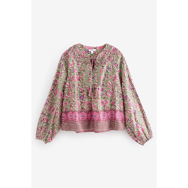 Chemisier manches longues froncé imprimé floral vert/rose <span itemprop=