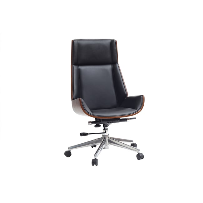 Fauteuil de bureau de direction design en tissu effet velours texturé beige, bois foncé et acier chromé CURVED - MILIBOO