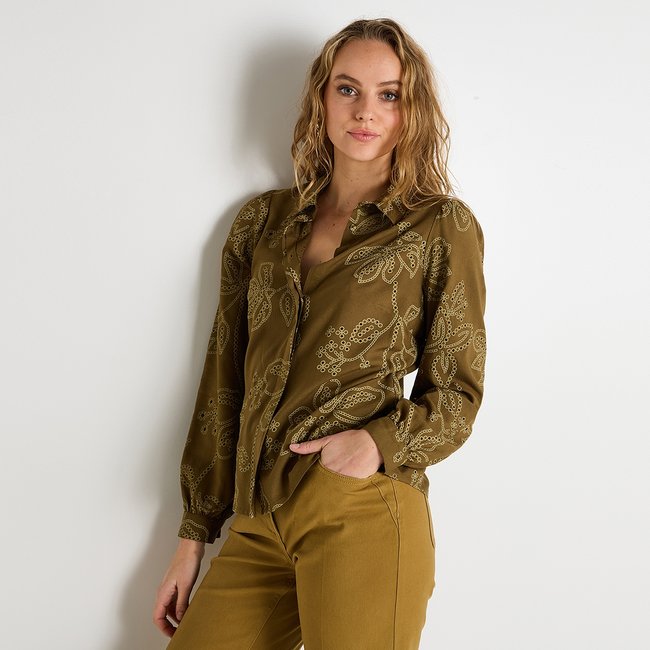 Chemise à détails ajourés vert kaki <span itemprop=