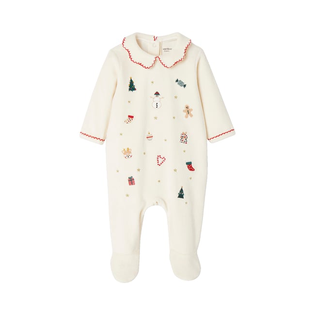 Pyjama Noël bébé brodé en velours écru <span itemprop=