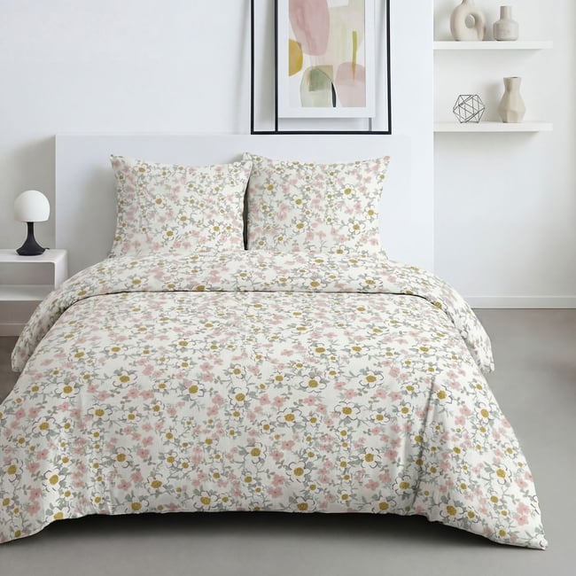 Parure de lit imprimé Floral SUNSHINE FLAVIEN blanc <span itemprop=