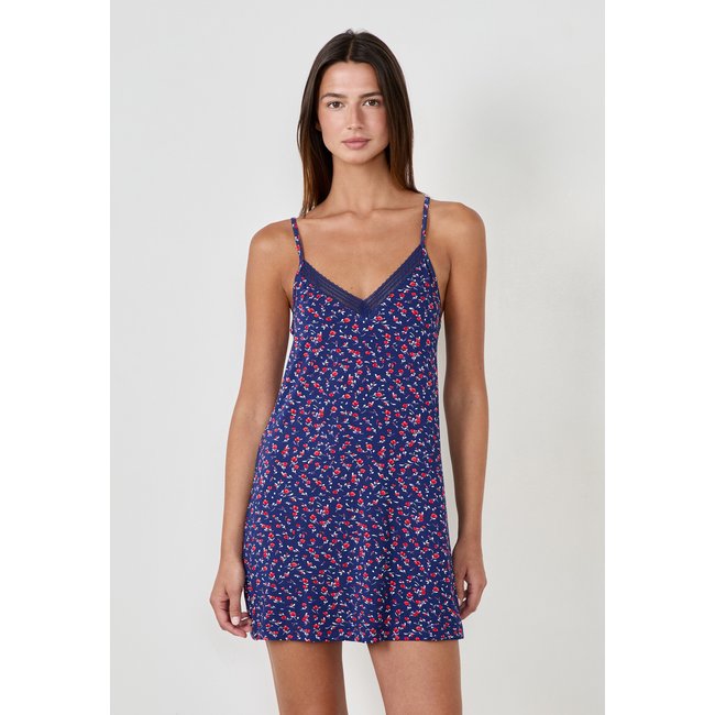 Nuisette courte à fines bretelles à motifs fleuris MOLLY FLEURS marine <span itemprop=