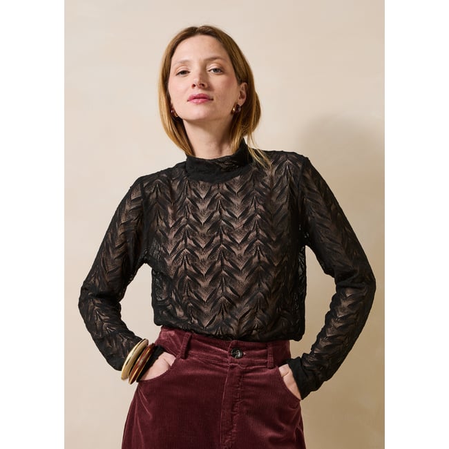 T-shirt en dentelle manches longues à col cheminée noir <span itemprop=