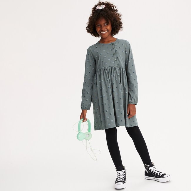 Floral Cotton Jersey Dress with Long Sleeves and Ruffles, green print, LA REDOUTE COLLECTIONS