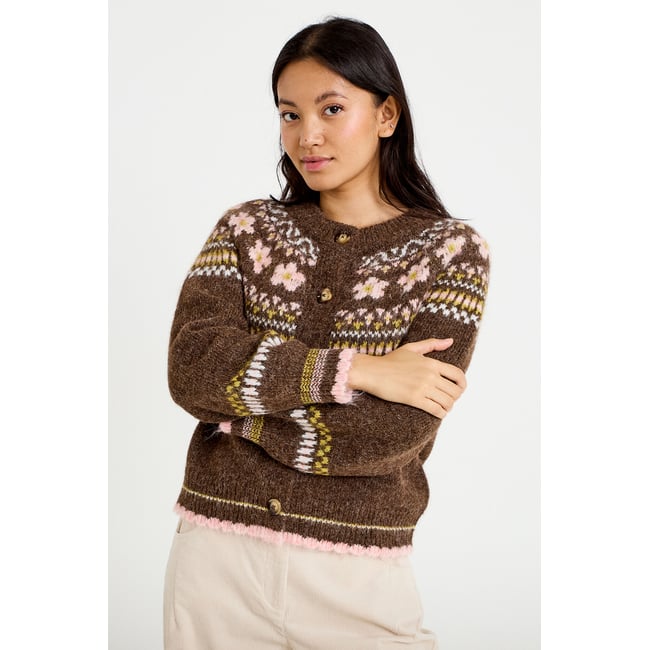 Gilet ample col rond manches longues marron foncé <span itemprop=