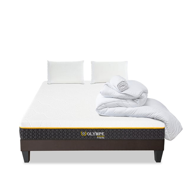 Pack Olympe 160x200 cm Matelas Mousse + Sommier Bois + Accessoires Couleur blanc <span itemprop=
