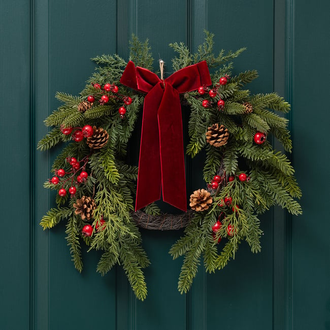 50cm Real Touch Half Wreath with Red Velvet Bow, red, SO'HOME