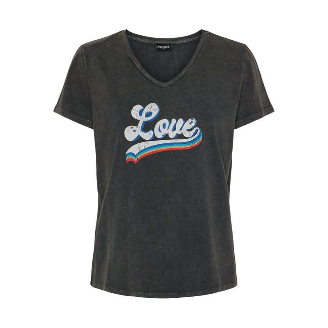 T-shirt com decote em V e mensagem preto <span itemprop=